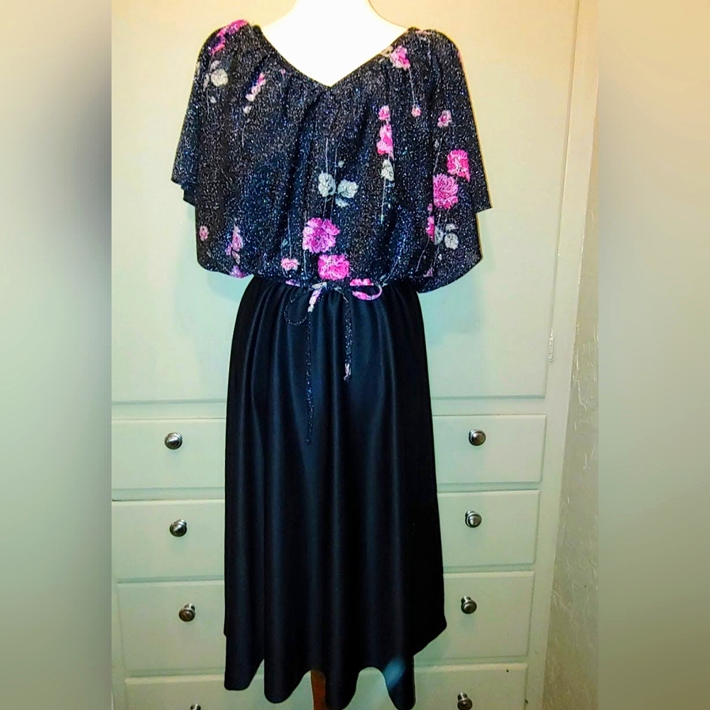 Lady Carol VTG Retro Floral Black Shimmer Formal Evening Disco Cocktail NY Dress